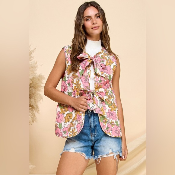 Pink floral tie quilted textured bow boho bohemian coat jacket vest - Picture 7 of 7